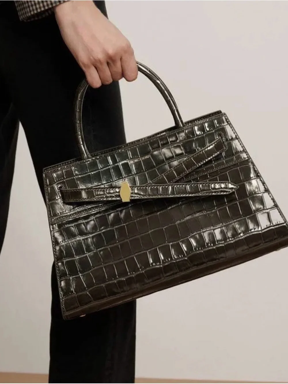 Veronica Beard Glossy Black Croc-Embossed Satchel with Front Tie